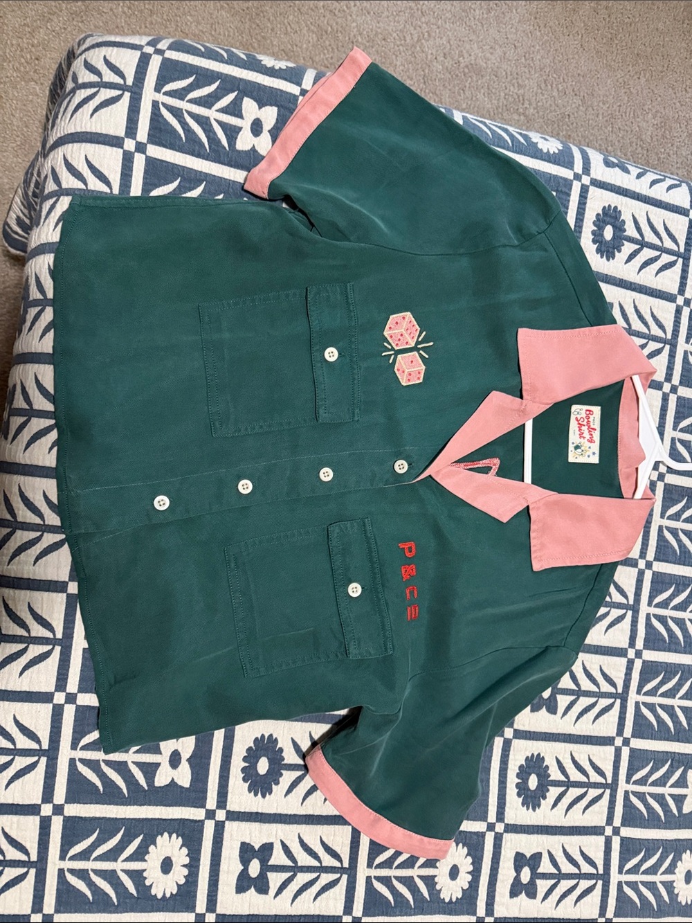 P&Co Bowling Shirt: Green & Pink Short-Sleeve Button Shirt - Embroidery